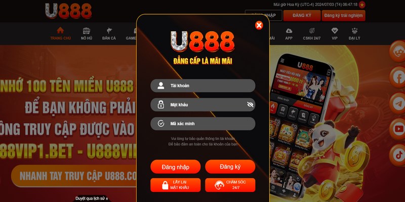 Người chơi nhấn chọn mục Đăng nhập U888 sau khi vào được trang chủ